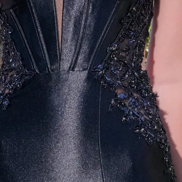 New Soft Satin Elegant Black Gown w/ Beads Embrodiery & Lace Up Back GL3678 - Picture 7 of 15